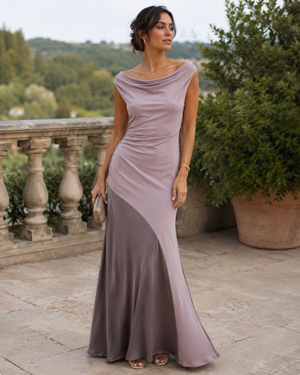 Anthropologie Womens M Mauve Two Tone Viscose Maxi Gown Ruched Dress Formal